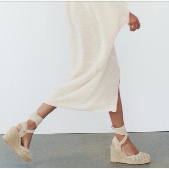 Zara Womens White Crochet Tie-Up Wedge Espadrilles Ankle Tie fastening Sz US 6.5 - Picture 3 of 12
